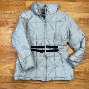 The North Face Quilted Down Parka Womens Large Grey Belted Puffer Gorpcore